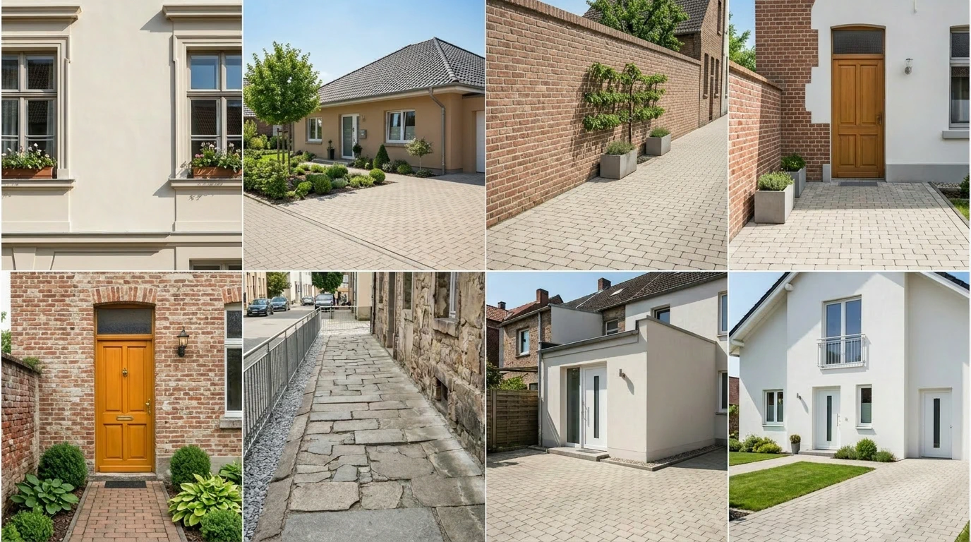 Sanierte Außenanlage mit Fassade und Pflasterarbeiten in Hessen